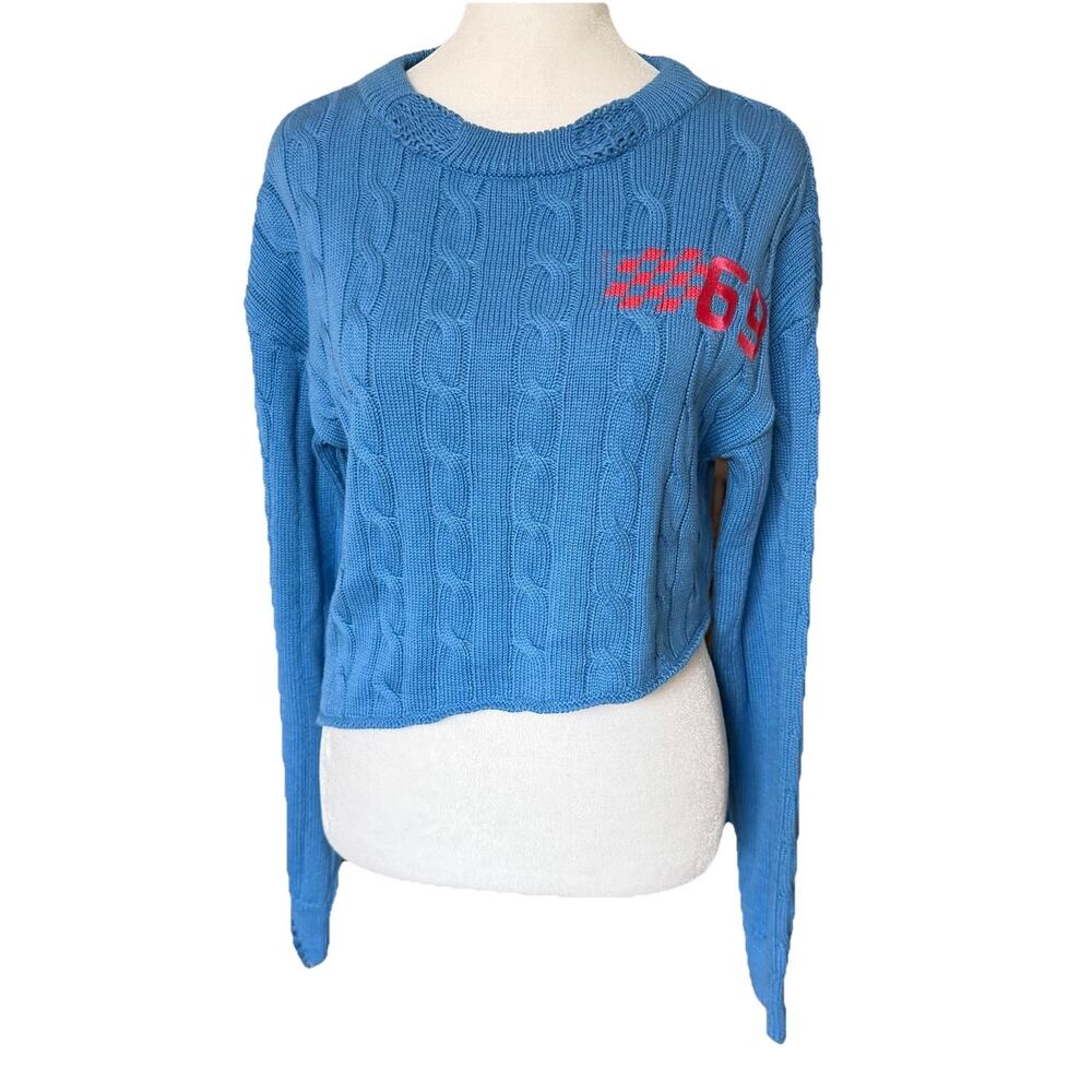BDG Womens Small Cropped Sweater NWT 69 Blue Asymmetrical Hem Distressed UO